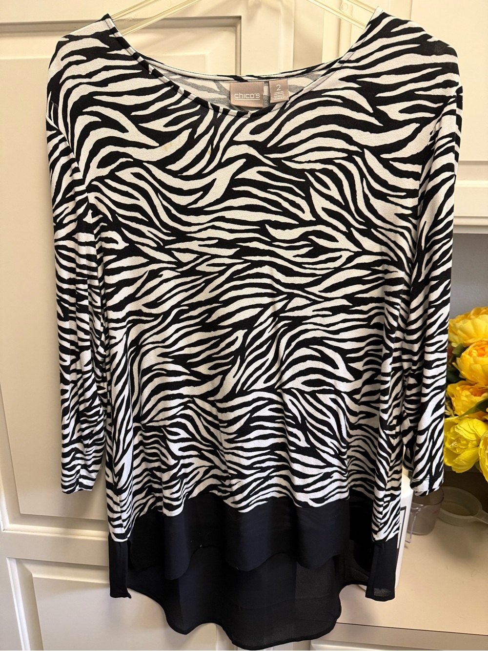 Chico's Black & White Zebra-Print Long Sleeve Layered-Hem Top